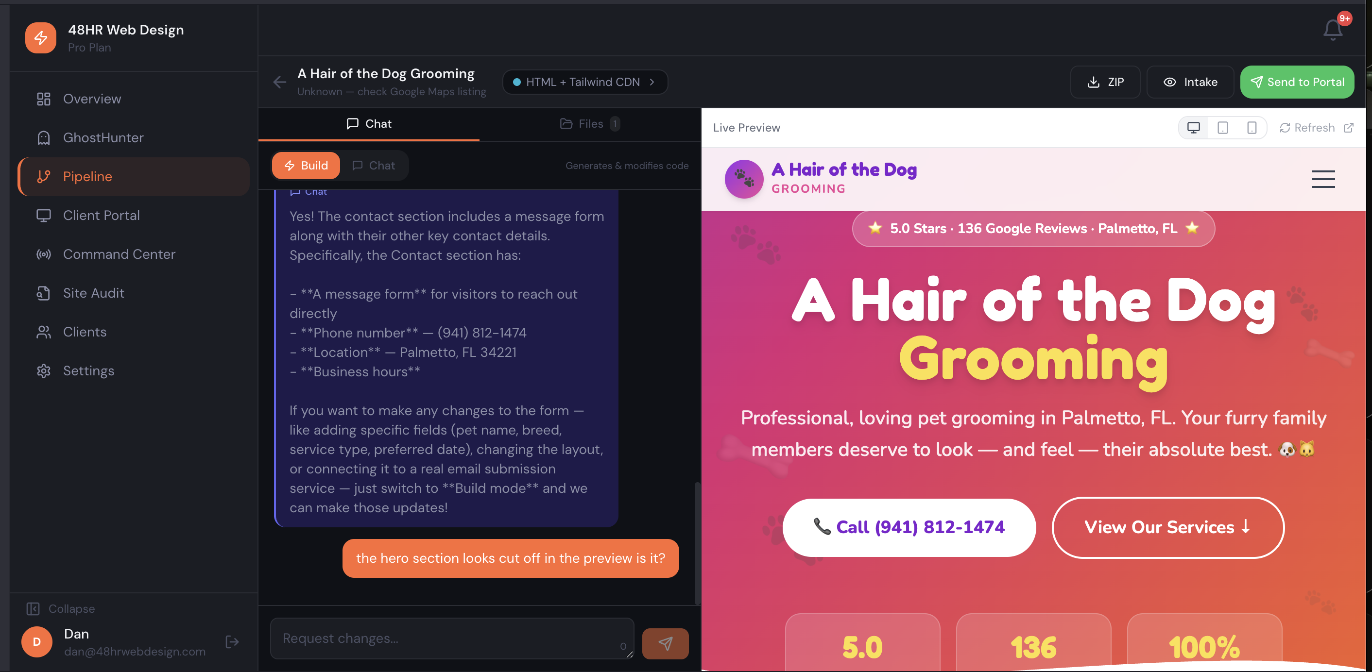 AI SITE BUILDER - Trovn not days. interface showing real product functionality